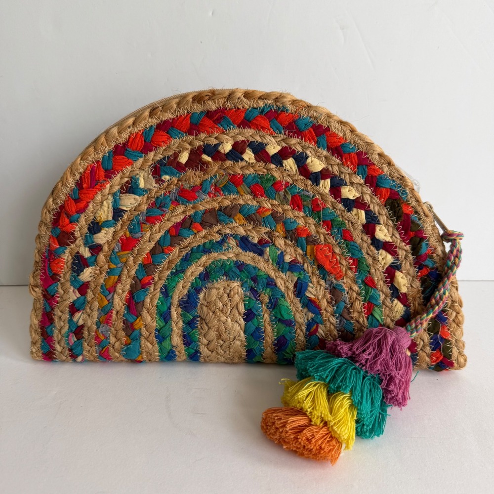 Boho Rainbow Woven Clutch Tassel Half Moon Straw Handbag Beachy Vacation Coastal